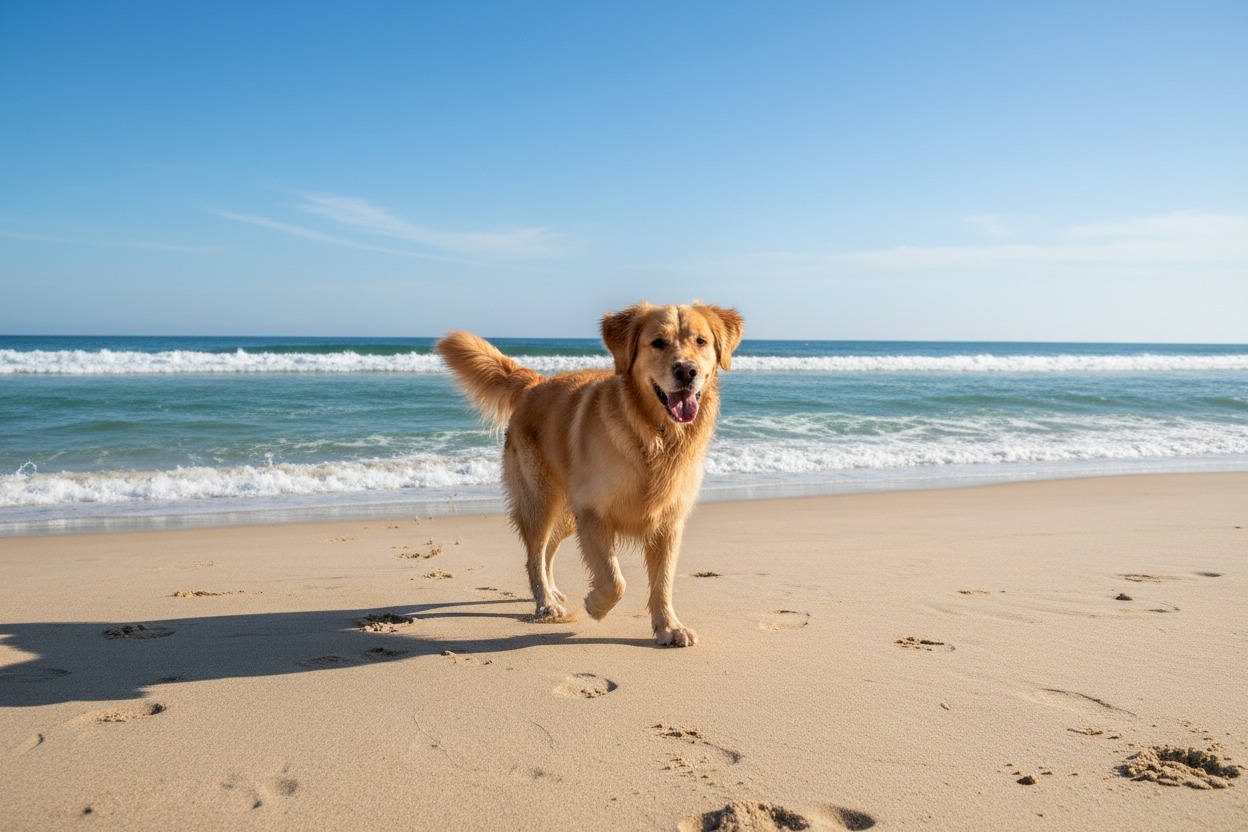 Un golden retriever felice cammina sulla sabbia di una spiaggia soleggiata davanti al mare.