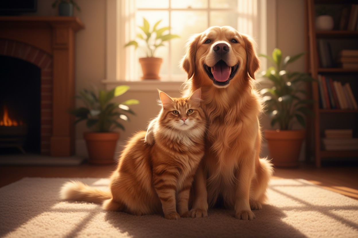 Un cane golden retriever e un gatto soriano arancione siedono vicini su un tappeto in un soggiorno soleggiato.