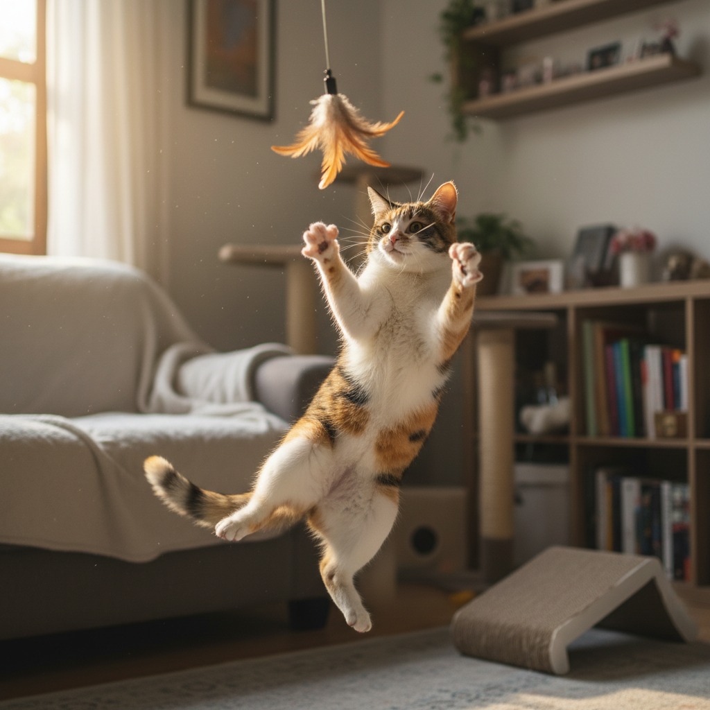 Un gatto tricolore salta in aria nel soggiorno di una casa per afferrare una piuma appesa a un filo.