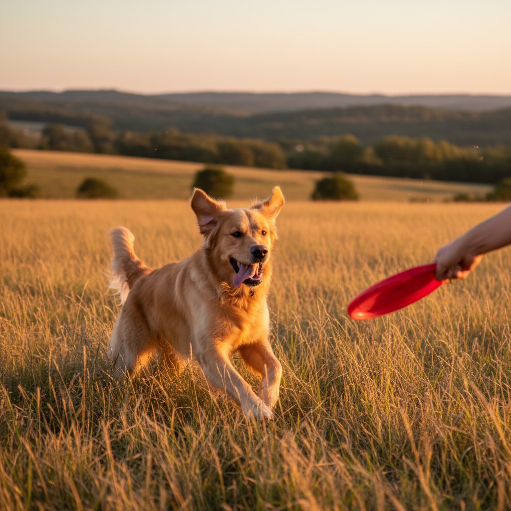 Un golden retriever corre gioioso in un prato al tramonto mentre insegue un frisbee rosso lanciato da una persona.