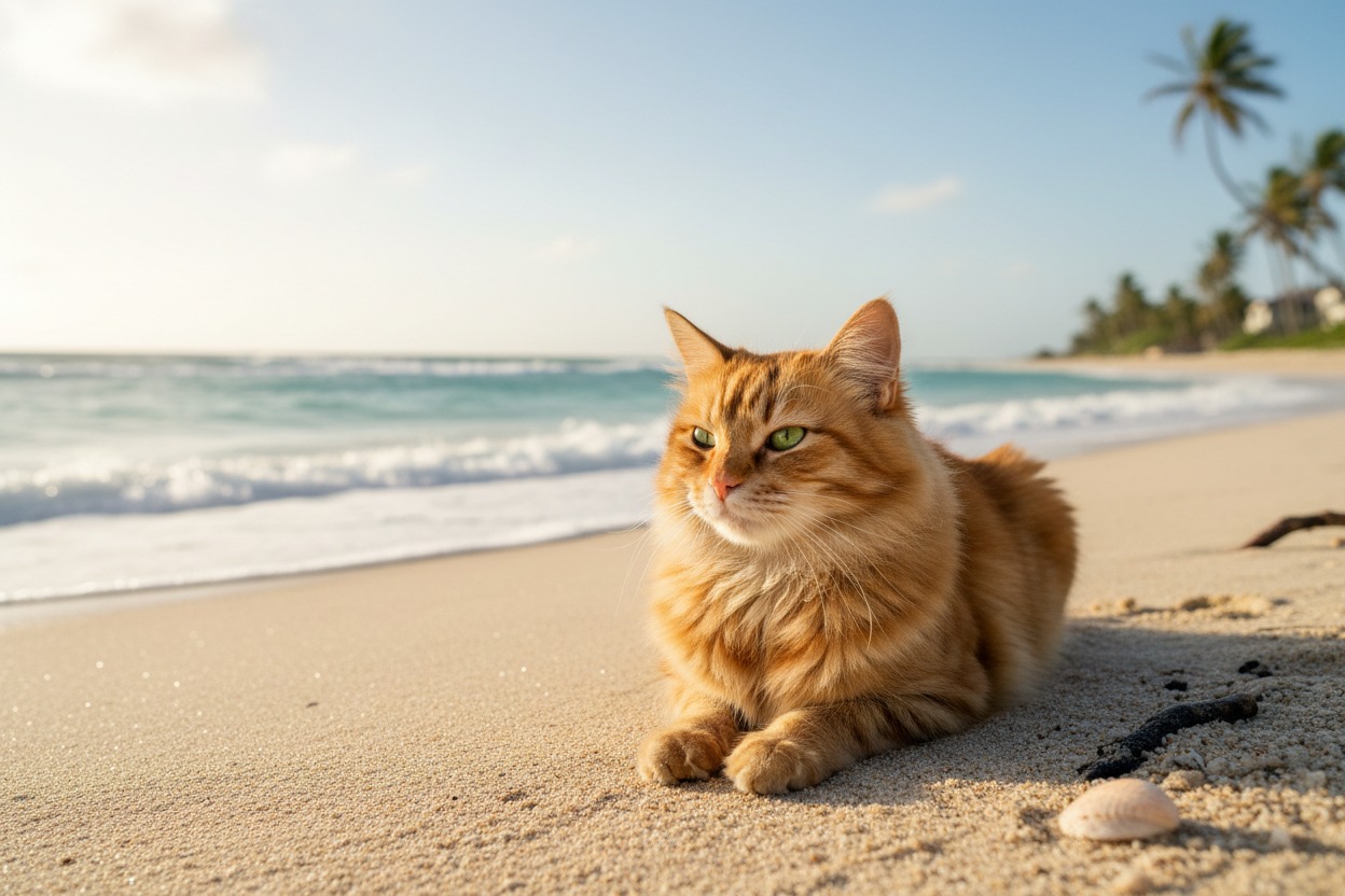 Un gatto rosso a pelo lungo si rilassa sulla sabbia di una spiaggia tropicale vicino al mare.